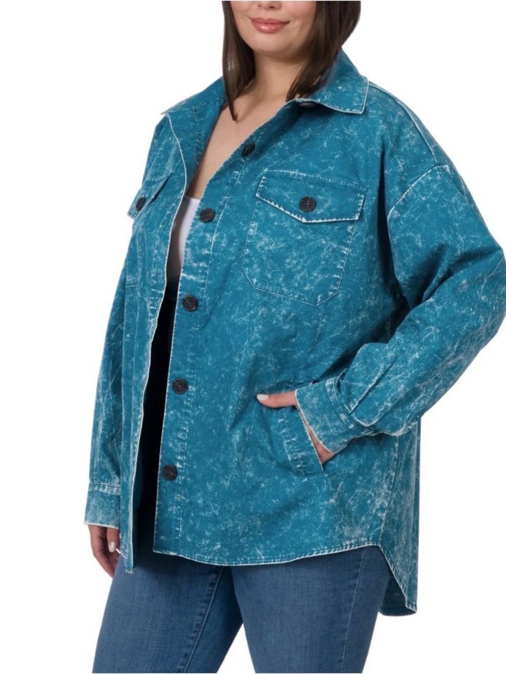 Zenana Shacket Jacket 3X Womens Plus Blue Mineral Wash 100% Cotton Button Up